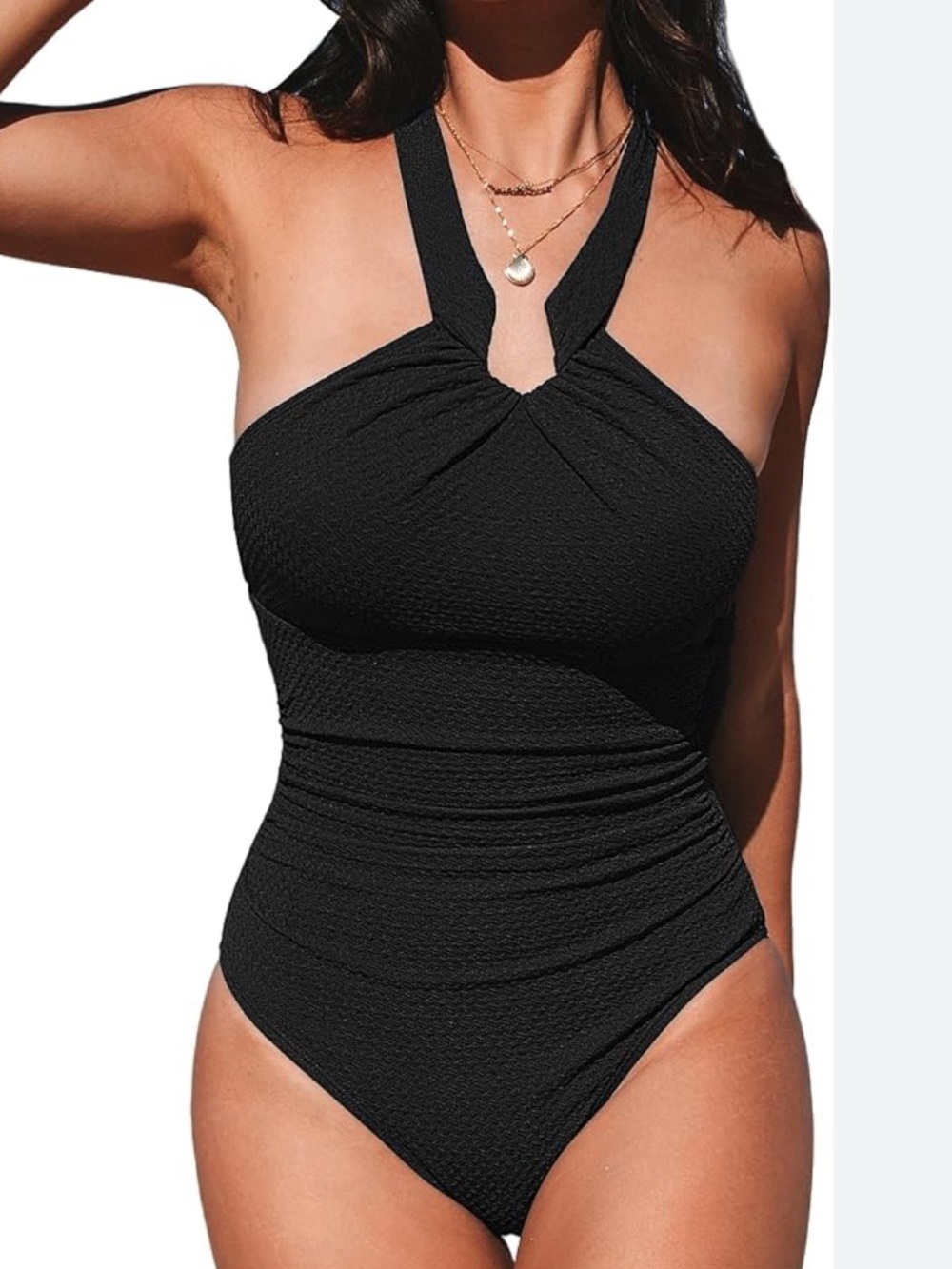 NWT CUPSHE Black One-Piece Tummy Control Halter Swimsuit- size L
